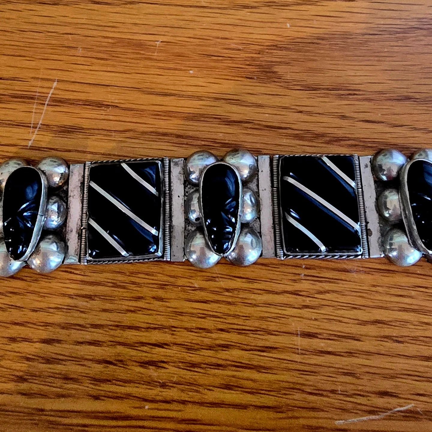 Vintage 40s Mexican Sterling Panel Bracelet with Black Onyx
