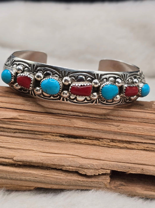 One of a Kind Turquoise and Coral Bracelet